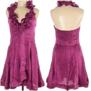 🤍Bebe pink-purple satiny ruffle halter dress MEDIUM